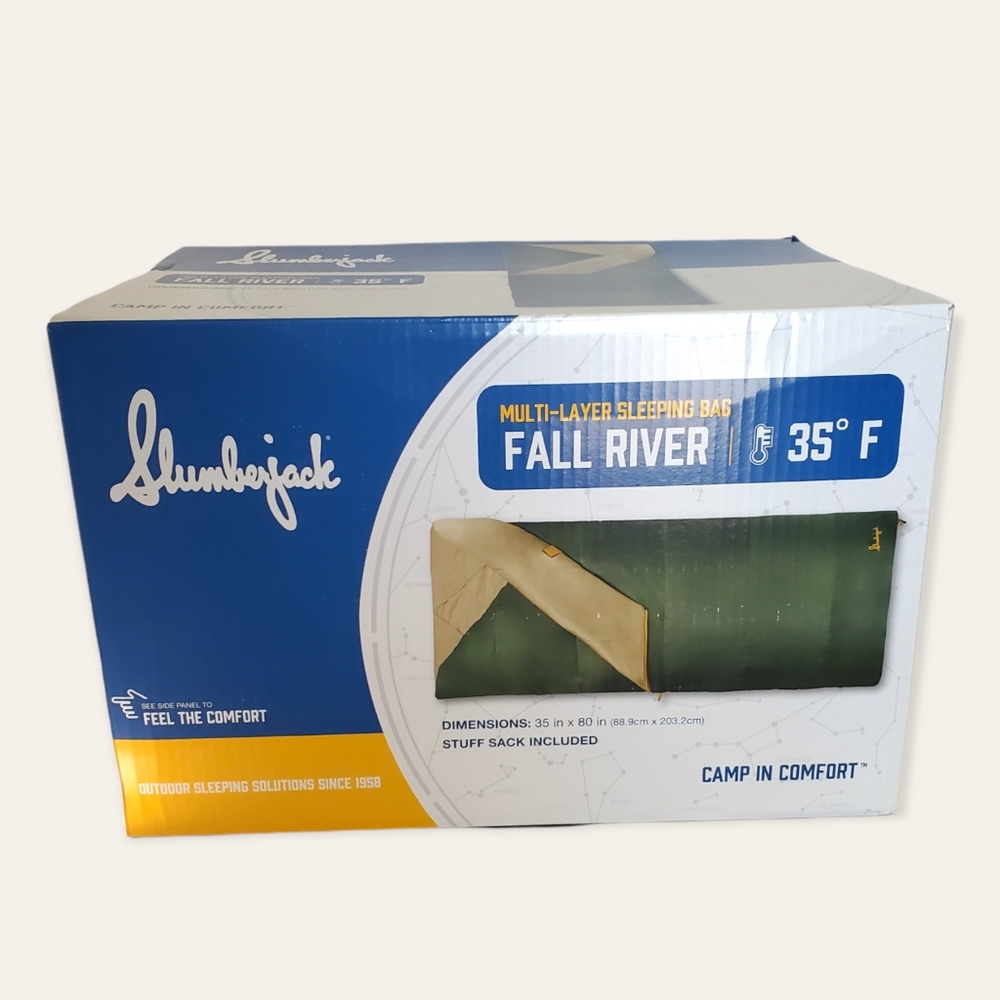 Slumberjack 35F Fall River Multi-Layer Sleeping Bag, Green/Beige 35"x80"